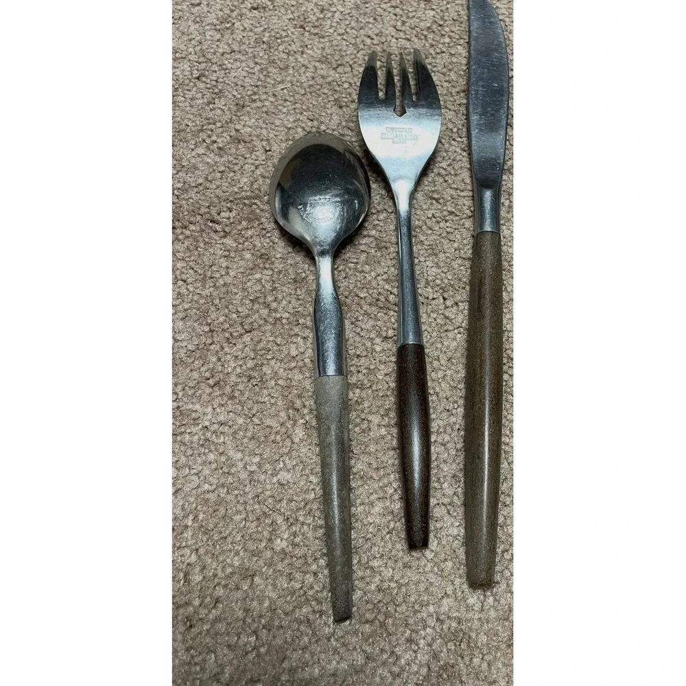 Vtg Ekco Eterna LA JOYA Stainless Steel Japan MCM Wood Silverware Spoon Flatware